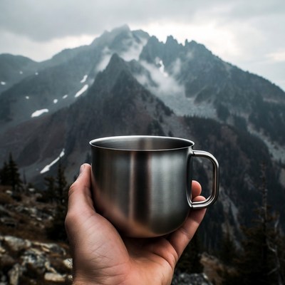 Hand holding mug with mountains