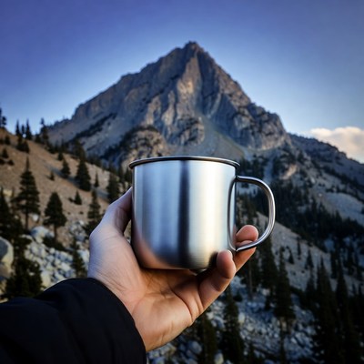Hand holding mug with mountain backdrop