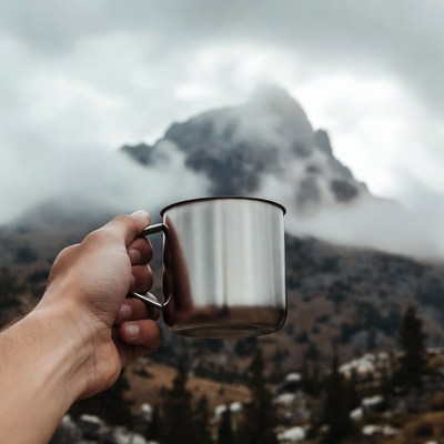 Man holding mug with mountains