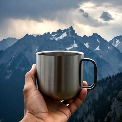 Hand holding mug with mountains