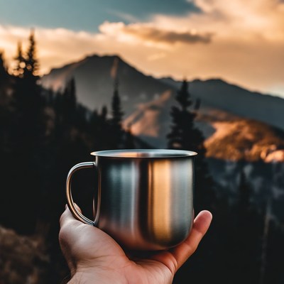 Man holding mug with mountains