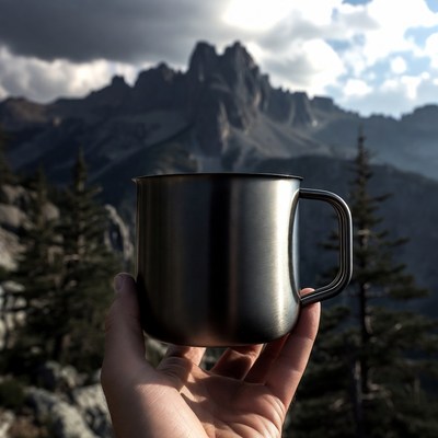 Hand holding metal mug in mountains