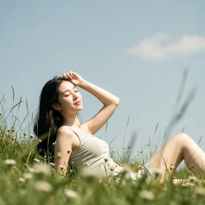 Asian woman relaxing in grass field