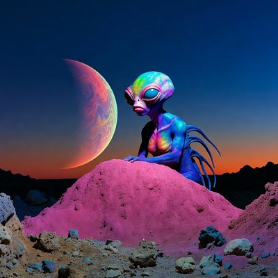 Colorful Alien Female on Pink Desert Hill