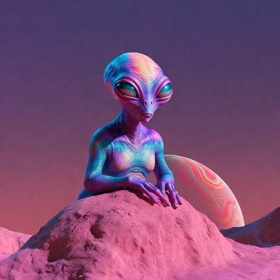 Purple Alien Sitting on Pink Rock