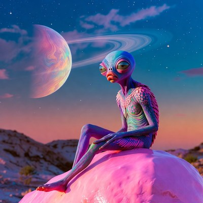 Blue Alien Sitting on Pink Rock