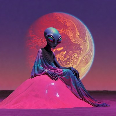 Alien sitting before red planet