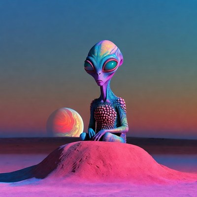 Purple Alien Sitting on Red Hill