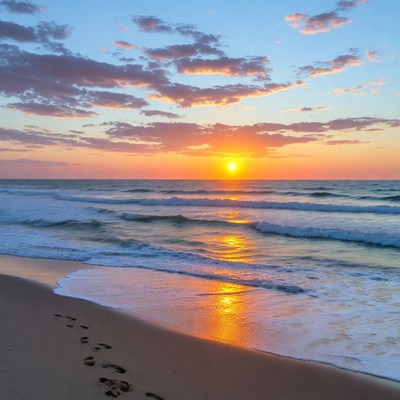 Footprints in sand at sunset beach