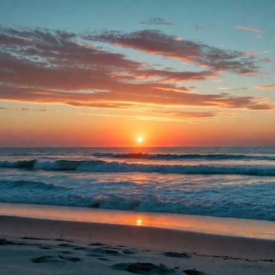Sunset over ocean beach footprints