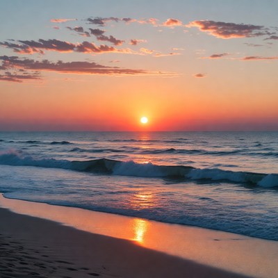 Sunset over ocean waves and beach