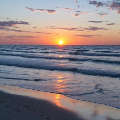 Sunset over ocean waves and beach