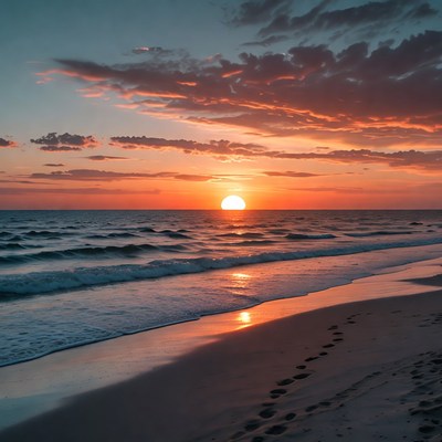 Sunset over beach with footprints