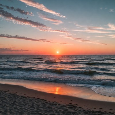 Sunset over ocean waves on beach