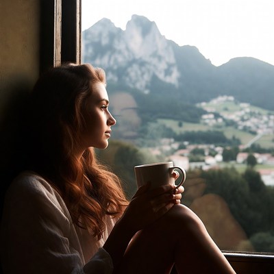 Woman sipping coffee by mountain window