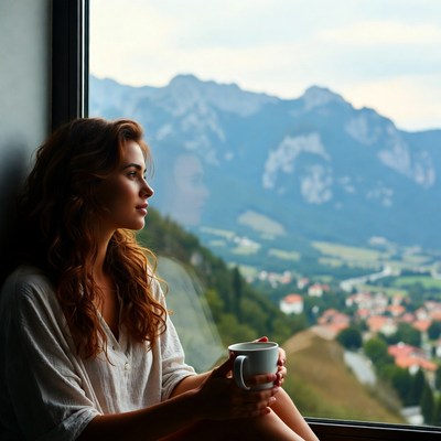 Woman with coffee gazing at mountains