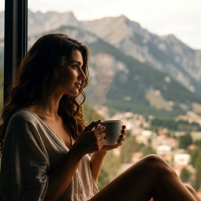 Woman sipping coffee by mountain window