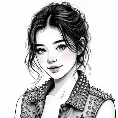 Asian woman in spiked leather vest