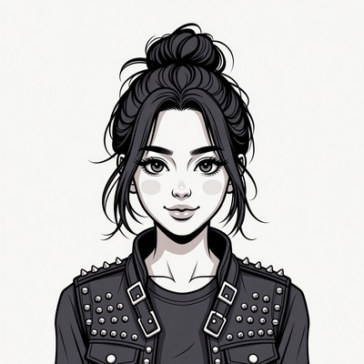 Woman with messy bun and studded jacket