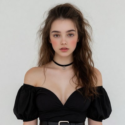Young woman in black off-shoulder top
