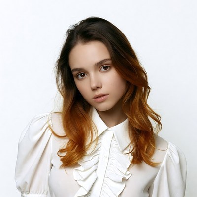 Young woman in white ruffled blouse