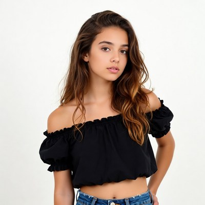 Teen girl in black off-shoulder top