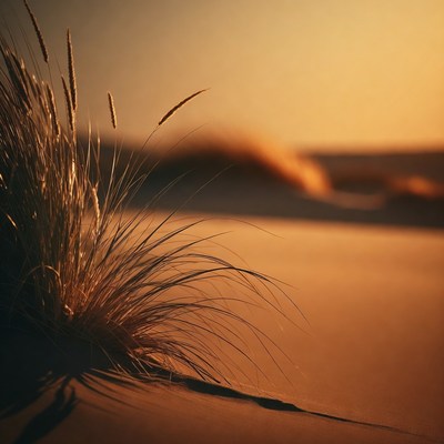 Grass tuft on sunset sand dunes