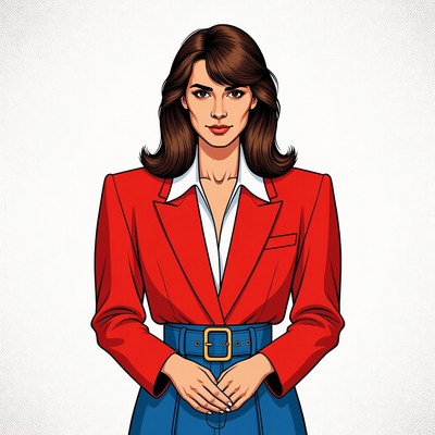 Woman in red blazer and blue skirt