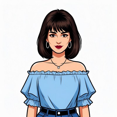Cartoon woman in blue off-shoulder top
