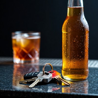 Car Keys with Beer Bottle and Whiskey
