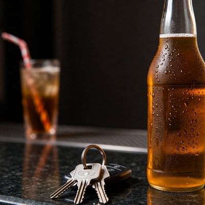 Beer Bottle with Car Keys and Drink
