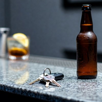 Car Keys with Beer Bottle and Whiskey
