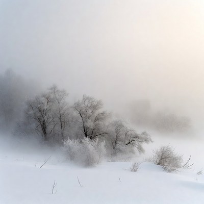 Frosty Trees in Snowy Fog