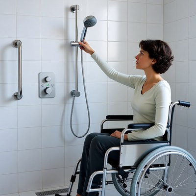 Woman in wheelchair turning on shower