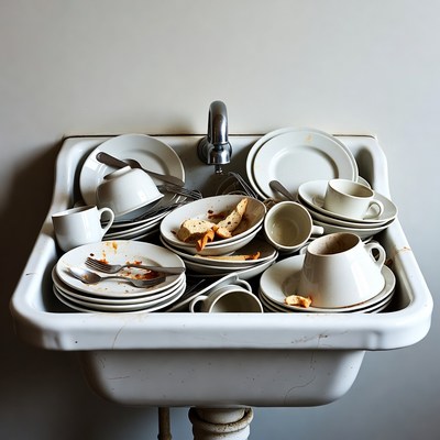 Dirty dishes piled in kitchen sink
