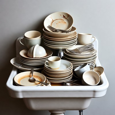 Stack of Dirty Dishes in Sink