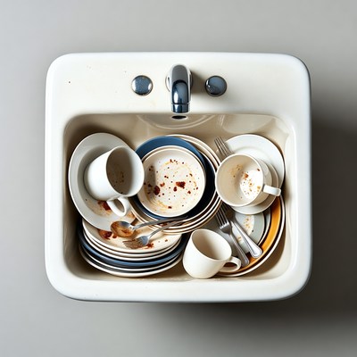 Dirty dishes piled in sink