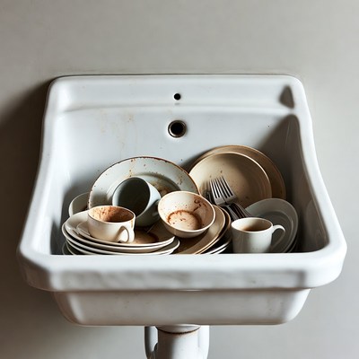 Dirty dishes piled in white sink