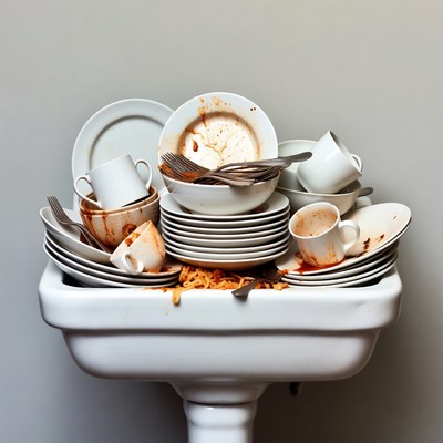 Dirty dishes piled in sink