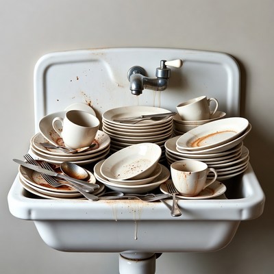 Dirty dishes piled in sink