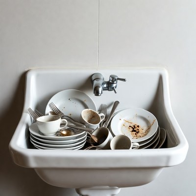 Dirty dishes in white sink