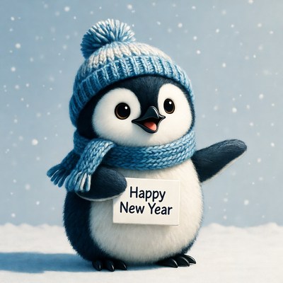 Cute penguin holding Happy New Year sign