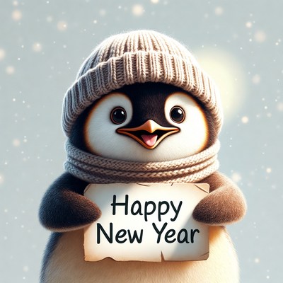 Penguin holding Happy New Year sign