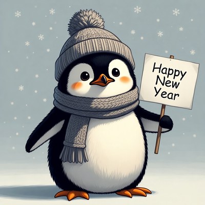 Cute penguin holding Happy New Year sign