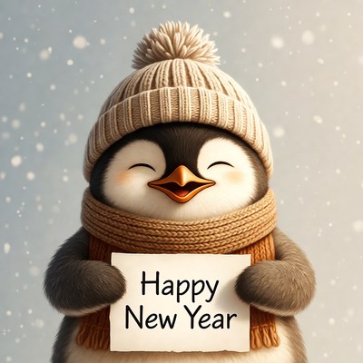 Penguin holding Happy New Year sign