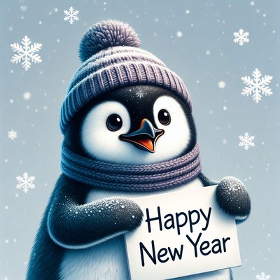 Penguin holding Happy New Year sign