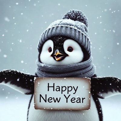 Penguin holding Happy New Year sign