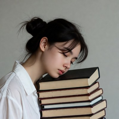 Asian woman resting on stack of books
