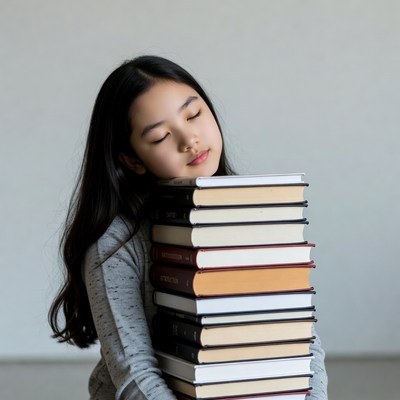 Asian girl hugging stack of books