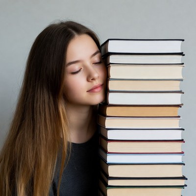 Girl resting head on book stack